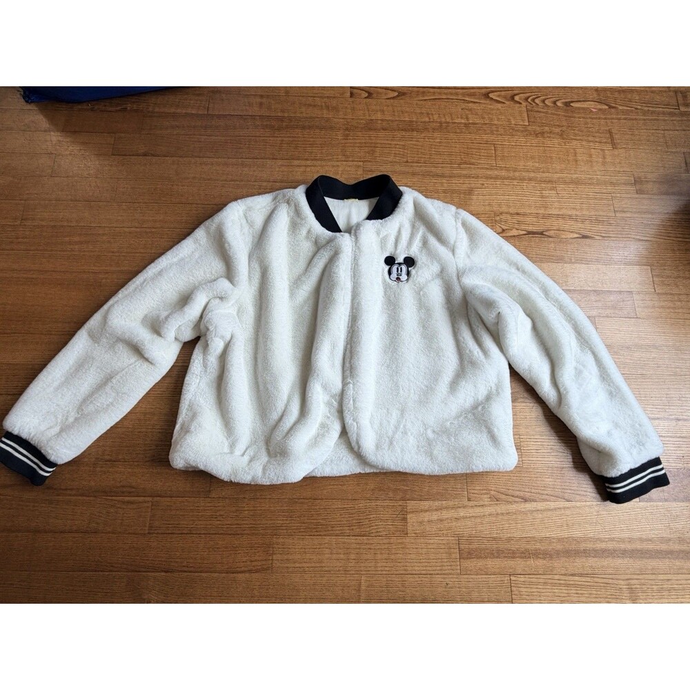 Disney Mickey Mouse White Fluffy Soft Faux Fur Lined Jacket Sweater No Tag L/XL
